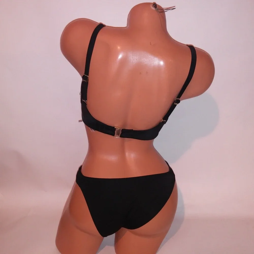 Victoria Secret Swim Bikini 32DD Top XS Bottom Solid Black Push Up New
